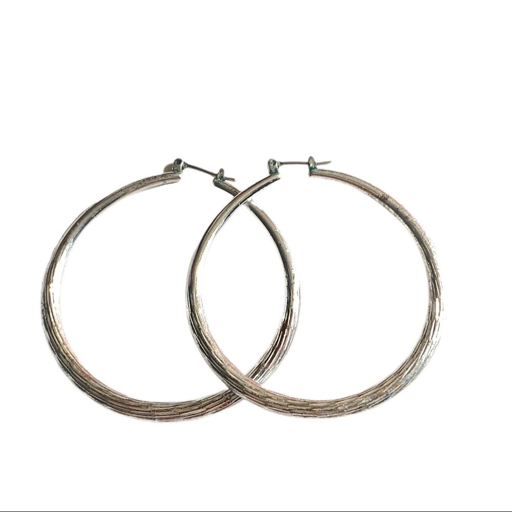 Large 2" textured and graduated silver hoop earrings